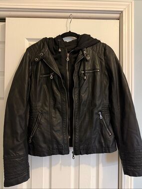 Made by Johnny Black Faux Leather Jacket with Hoodie zip out Layer L